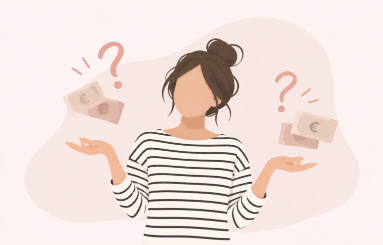 Illustration einer ratlosen Frau mit erhobenen Händen, umgeben von Fragezeichen und Geldscheinen zum Thema angemessener Geschenkbetrag.