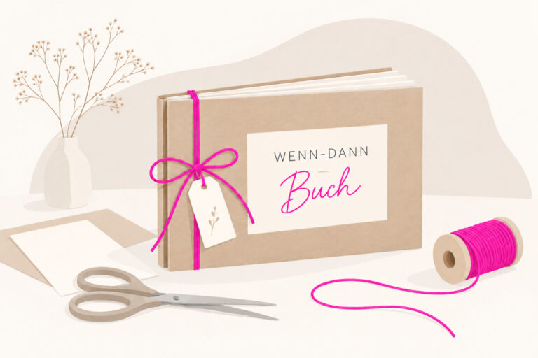 Minimalistische Illustration eines Wenn-Dann-Buchs aus Kraftpapier mit fuchsiafarbener Kordel, Schere, Papier und Garnrolle.
