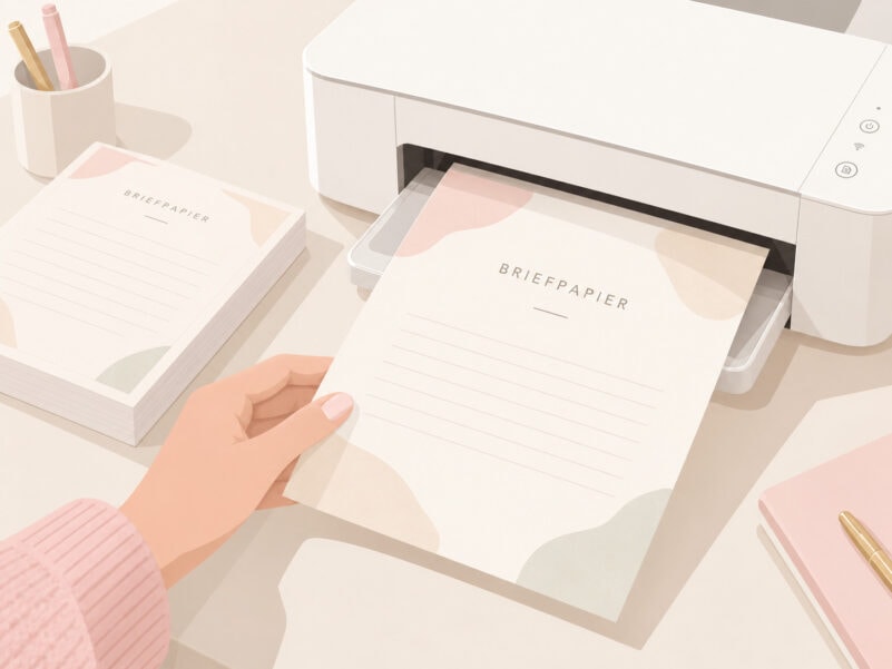 Minimalistische Illustration einer Hand, die eine Briefpapier-Vorlage aus einem Drucker nimmt, in sanften Pastellfarben im nordischen Stil.
