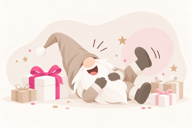 Lachender Wichtel liegt zwischen Geschenkpaketen am Boden in einer hellen, nordisch-minimalistischen Weihnachtsillustration.