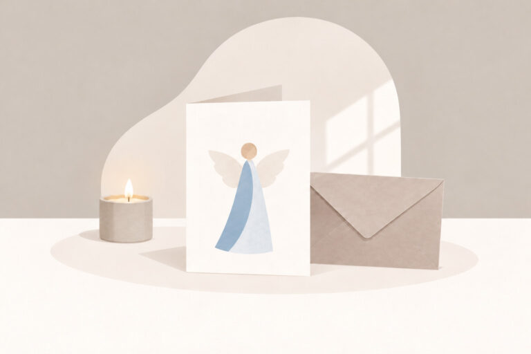 Minimalistische Illustration einer Trauerkarte mit blauem Engel, einem beigefarbenen Briefumschlag und einer brennenden Kerze im nordischen Stil.
