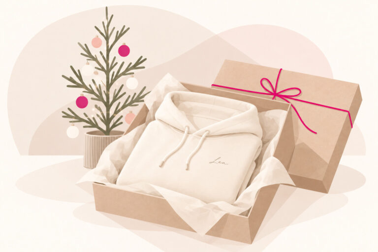 Illustration eines personalisierten Hoodies mit Namensstickerei in einer offenen Geschenkbox, daneben ein geschmückter Weihnachtsbaum und eine fuchsiafarbene Geschenkkordel.
