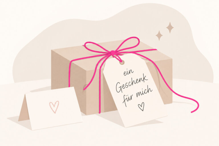 Minimalistische Illustration eines Geschenks mit pinker Kordel und dem Anhänger „ein Geschenk für mich“. Daneben steht eine kleine Grußkarte mit Herz.