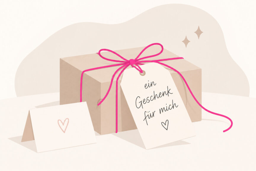 Minimalistische Illustration eines Geschenks mit pinker Kordel und dem Anhänger „ein Geschenk für mich“. Daneben steht eine kleine Grußkarte mit Herz.
