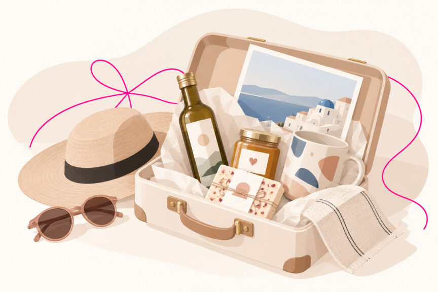 Illustration eines geöffneten Reisekoffers mit Urlaubsmitbringseln wie Olivenöl, Honig, Keramik und einer Postkarte.