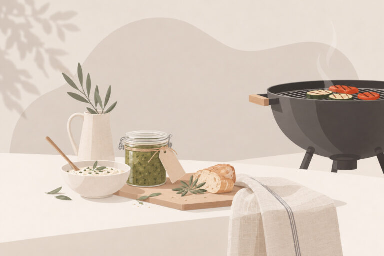 Minimalistische Illustration eines Grills mit Gemüse, selbstgemachtem Dip, Pesto und Brot als Mitbringsel zur Grillparty.