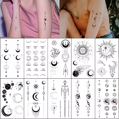 Temporäre Tattoos - Realistischer Mond, Sonne, Sterne, Weltraum, Planeten, etc.