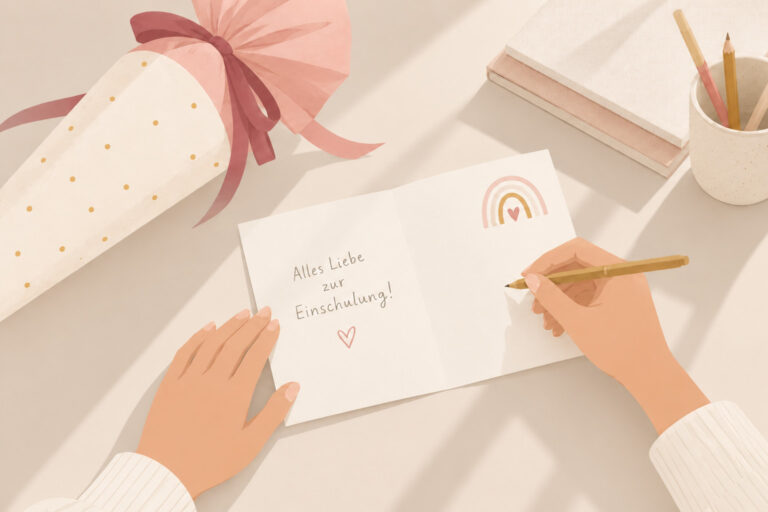 Illustration einer geöffneten Glückwunschkarte zur Einschulung auf einem hellen Schreibtisch mit Schultüte, Umschlag und schreibender Hand