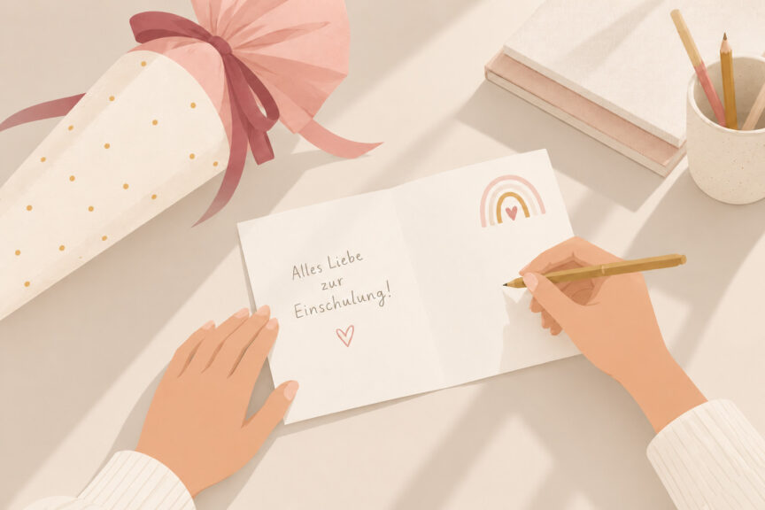 Illustration einer geöffneten Glückwunschkarte zur Einschulung auf einem hellen Schreibtisch mit Schultüte, Umschlag und schreibender Hand