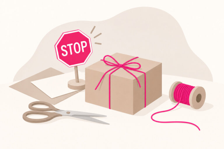 Illustration eines Geschenks mit fuchsiafarbener Kordel, Stoppschild und Verpackungsmaterial als Symbol für typische Fehler beim Schenken.