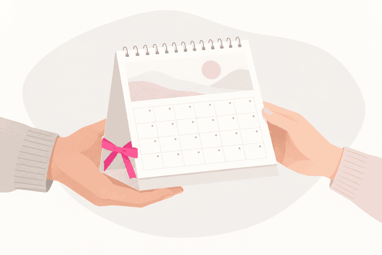 Zwei Hände mit unterschiedlichen Pullovern überreichen einen Tischkalender mit pinker Geschenkschleife.