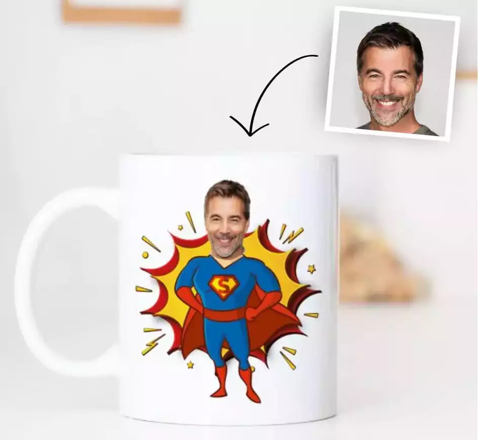 Personalisierbare Superhelden-Tasse mit Gesicht