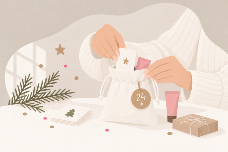 Person befüllt einen Adventskalender-Stoffbeutel mit der Nummer 24. Daneben liegen kleine Geschenke, Weihnachtskarten und ein Tannenzweig.