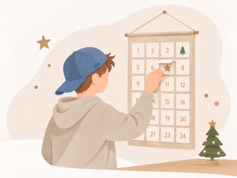Illustration eines Teenager-Jungen mit blauer Cap, der ein Türchen eines hängenden Adventskalenders öffnet. Daneben steht ein kleiner Weihnachtsbaum.
