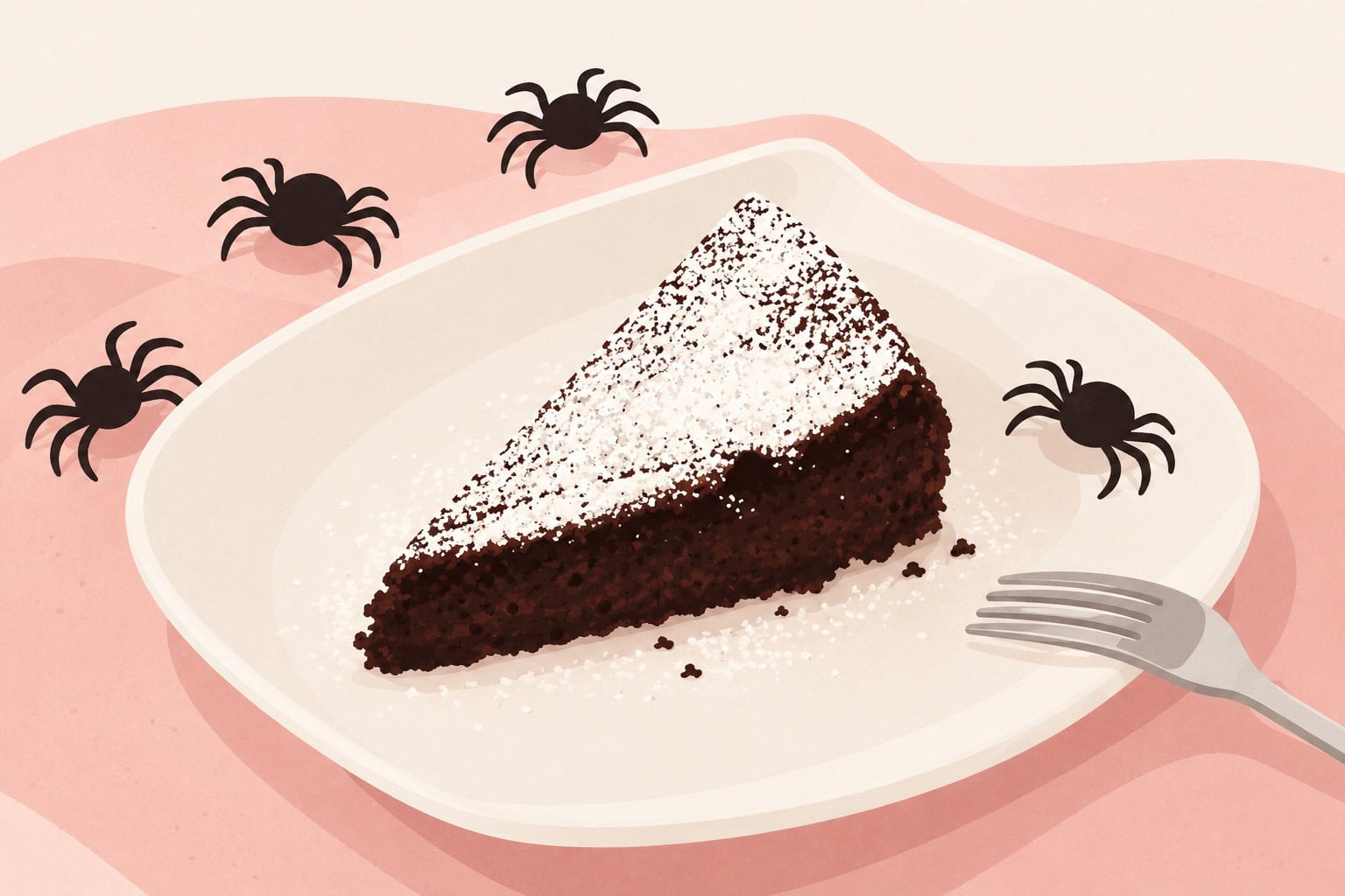 Illustration eines Stücks Schokoladenkuchen mit Puderzucker, umgeben von kleinen Spinnenmotiven und einer Gabel.