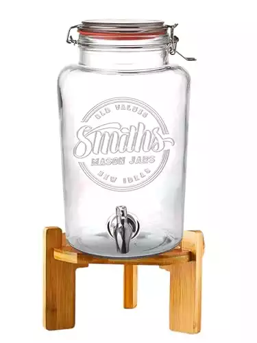 Smith Mason Jars 5-Liter-Getränkespender mit Edelstahlhahn, Siebfilter und Holzständer