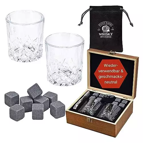 WOMA Whisky Steine Set I 8 Kühlwürfel inkl. 2 Whiskey Gläser & Edelstahl Zange