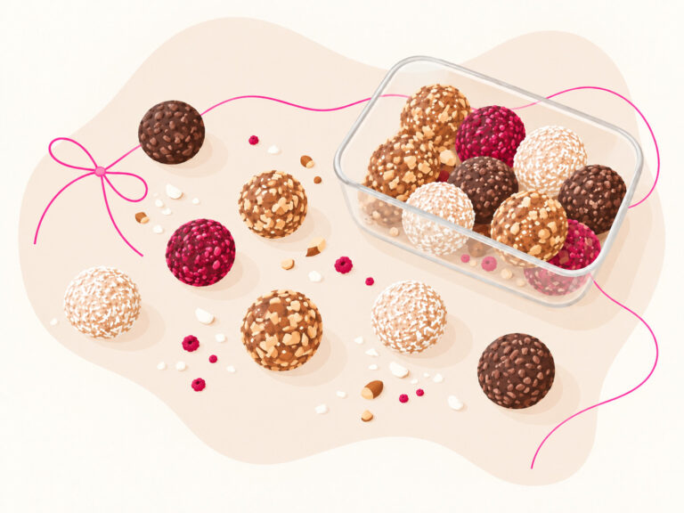 Illustration von selbstgemachten Energy Balls in verschiedenen Sorten, teilweise in einer Glasbox, mit einer fuchsiafarbenen Geschenkschleife.