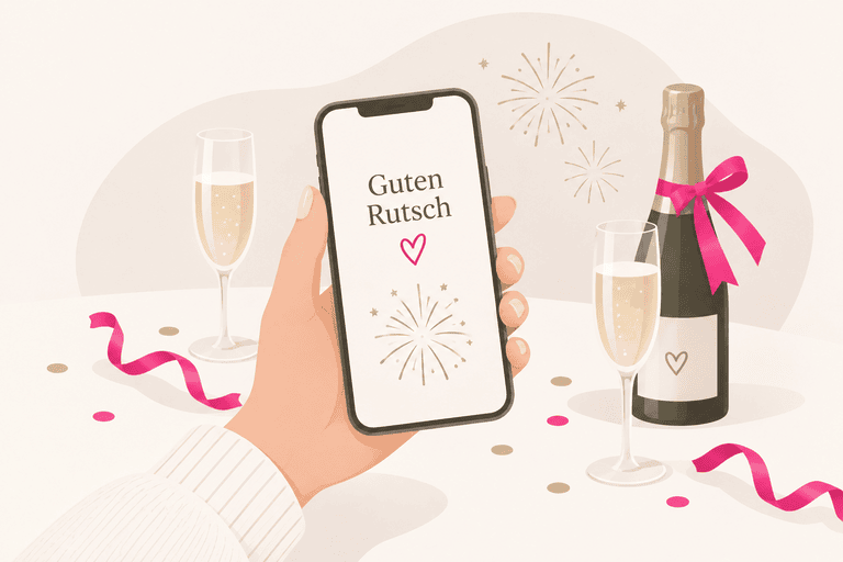 Hand hält ein Smartphone mit Silvestergruß ‚Guten Rutsch‘, umgeben von Sektgläsern, einer Sektflasche und dezentem Feuerwerk.