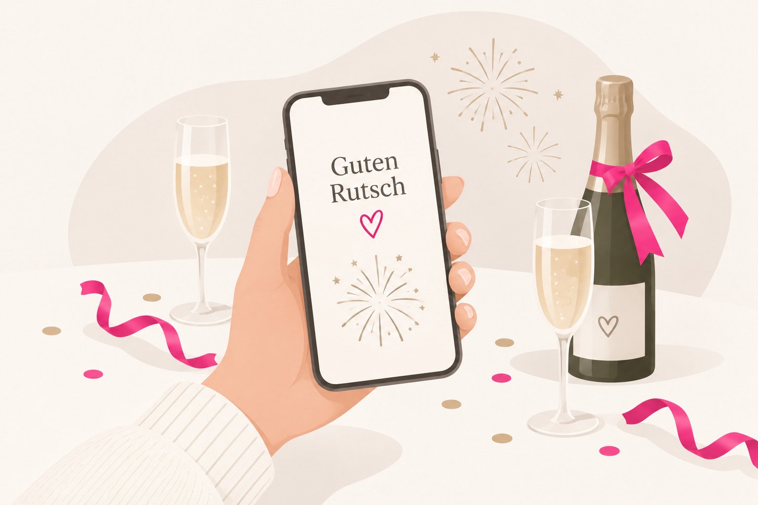 Hand hält ein Smartphone mit Silvestergruß ‚Guten Rutsch‘, umgeben von Sektgläsern, einer Sektflasche und dezentem Feuerwerk.