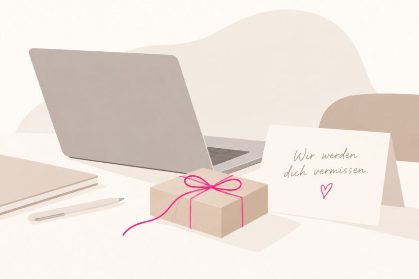 Minimalistische Illustration eines Abschiedsgeschenks für Kollegen mit Laptop, kleinem Geschenk mit pinkem Band und Karte mit der Aufschrift „Wir werden dich vermissen“.