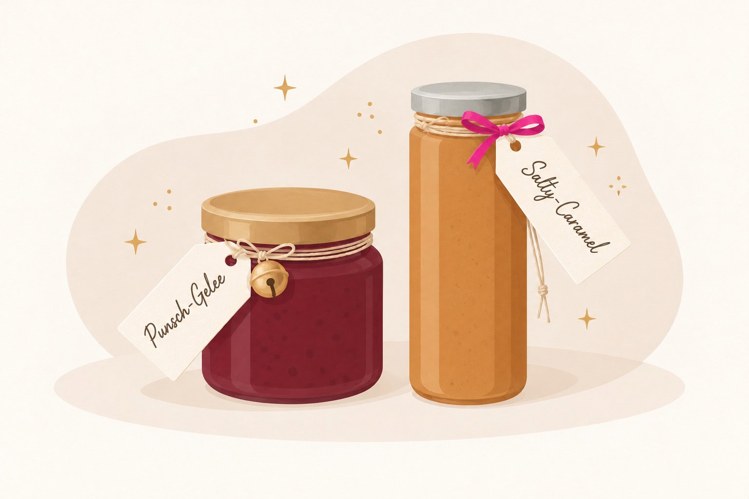 Illustration zweier selbstgemachter Aufstriche als Geschenk: links Punsch-Gelee, rechts Salty-Caramel, mit kleinen Sternen.