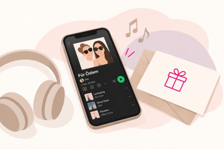 Illustration einer persönlichen Spotify-Playlist auf einem Smartphone, daneben Kopfhörer und eine Geschenkkarte mit pinkem Geschenk-Symbol.