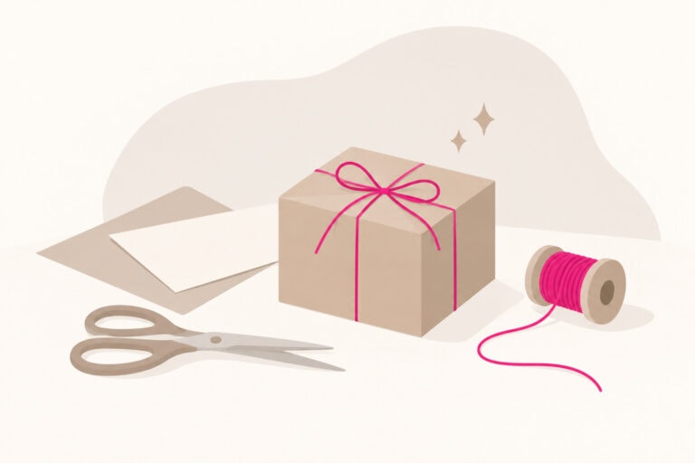 Minimalistische Illustration eines kleinen verpackten Geschenks mit Schere, Papier und Faden im hellen nordischen Stil