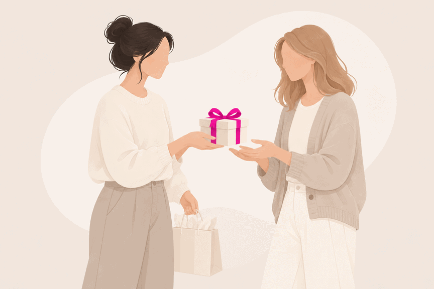 Zwei Frauen überreichen ein kleines Mitbringsel mit pinker Geschenkschleife.