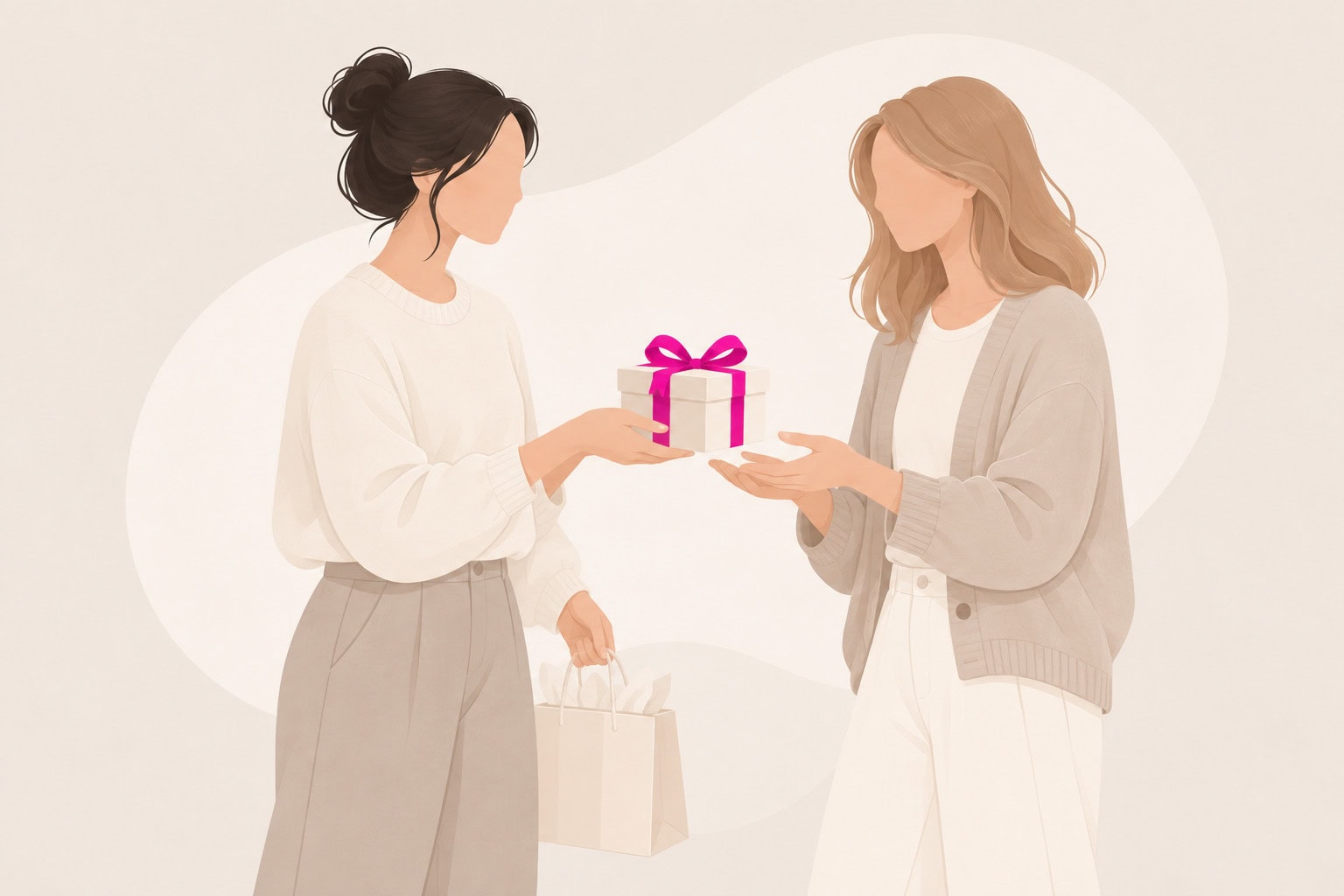 Zwei Frauen überreichen ein kleines Mitbringsel mit pinker Geschenkschleife.