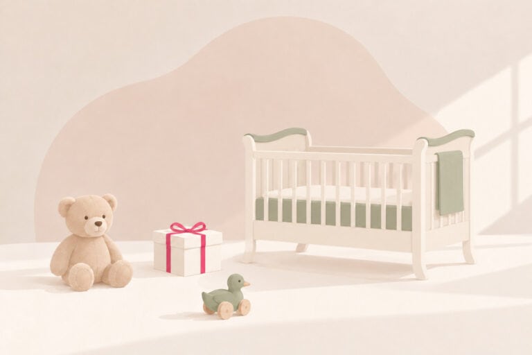 Helles Vintage-Kinderbett neben einem Teddy, einem Geschenk mit pinker Schleife und einer Holzente – nordische Illustration in Pastellfarben.