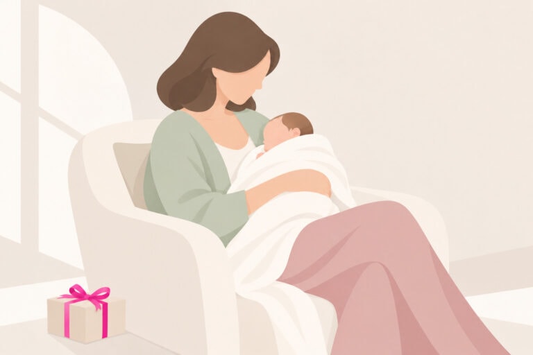 Mutter im Wochenbett hält ihr Neugeborenes im Arm, daneben steht ein kleines Geschenk mit pinker Schleife.