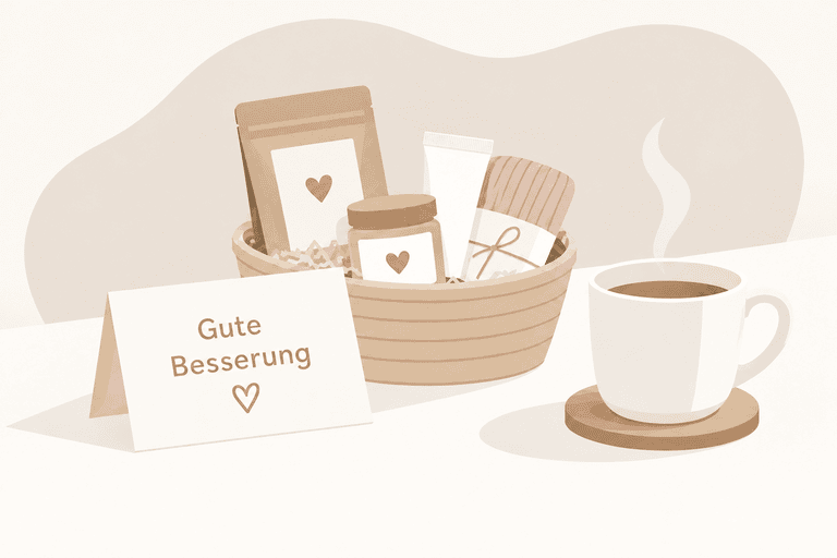 Illustration eines Geschenkkorbs mit kleinen Aufmerksamkeiten, einer heißen Tasse Tee und einer Karte mit der Aufschrift „Gute Besserung“.