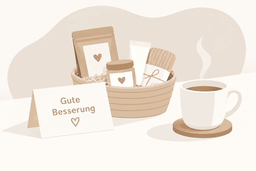 Illustration eines Geschenkkorbs mit kleinen Aufmerksamkeiten, einer heißen Tasse Tee und einer Karte mit der Aufschrift „Gute Besserung“.