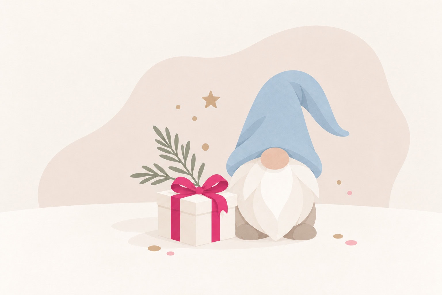 Nordisch-minimalistischer Weihnachtswichtel mit blauer Mütze und weißem Bart neben einem kleinen Geschenk mit pinker Schleife.