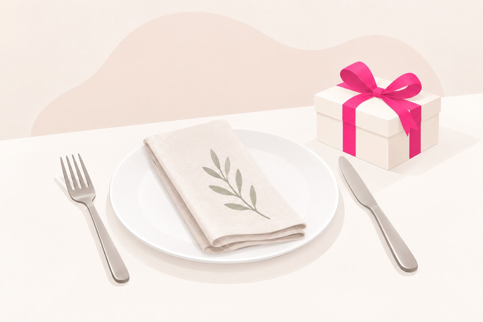Gedeckter Tisch mit Teller, Besteck und kleinem Geschenk zur Essenseinladung