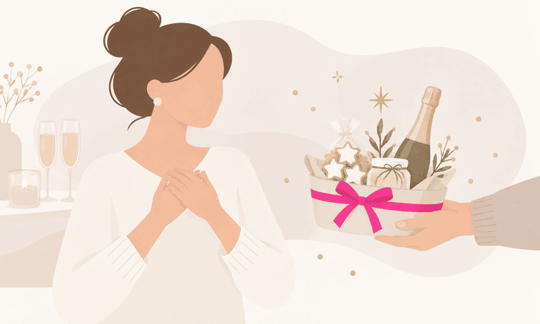 Silvester-Mitbringsel mit Sekt, Glückskeksen und kleinen Geschenken wird einer Gastgeberin überreicht – minimalistische Illustration.