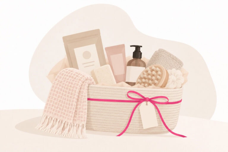 Minimalistische Illustration eines Wellness-Geschenkkorbs mit Pflegeprodukten, Handtuch und Massagebürste, verziert mit einem dünnen fuchsiafarbenen Geschenkband.