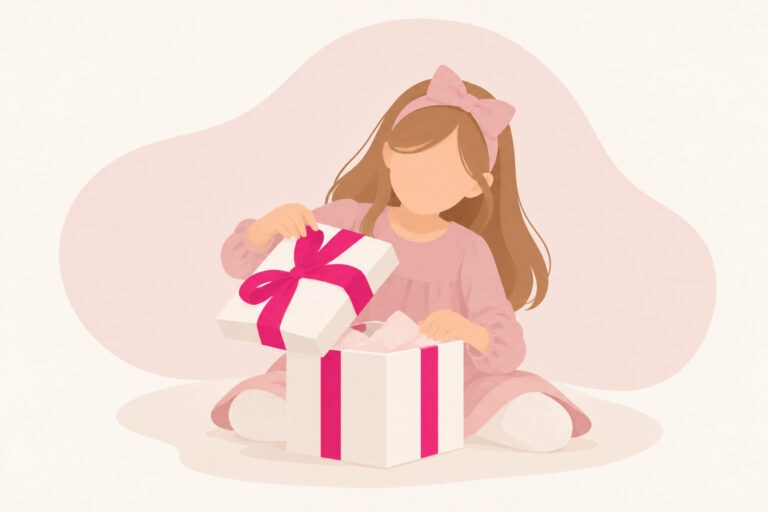 Illustration eines sechsjährigen Mädchens, das ein Geschenk mit fuchsiafarbenem Band öffnet.