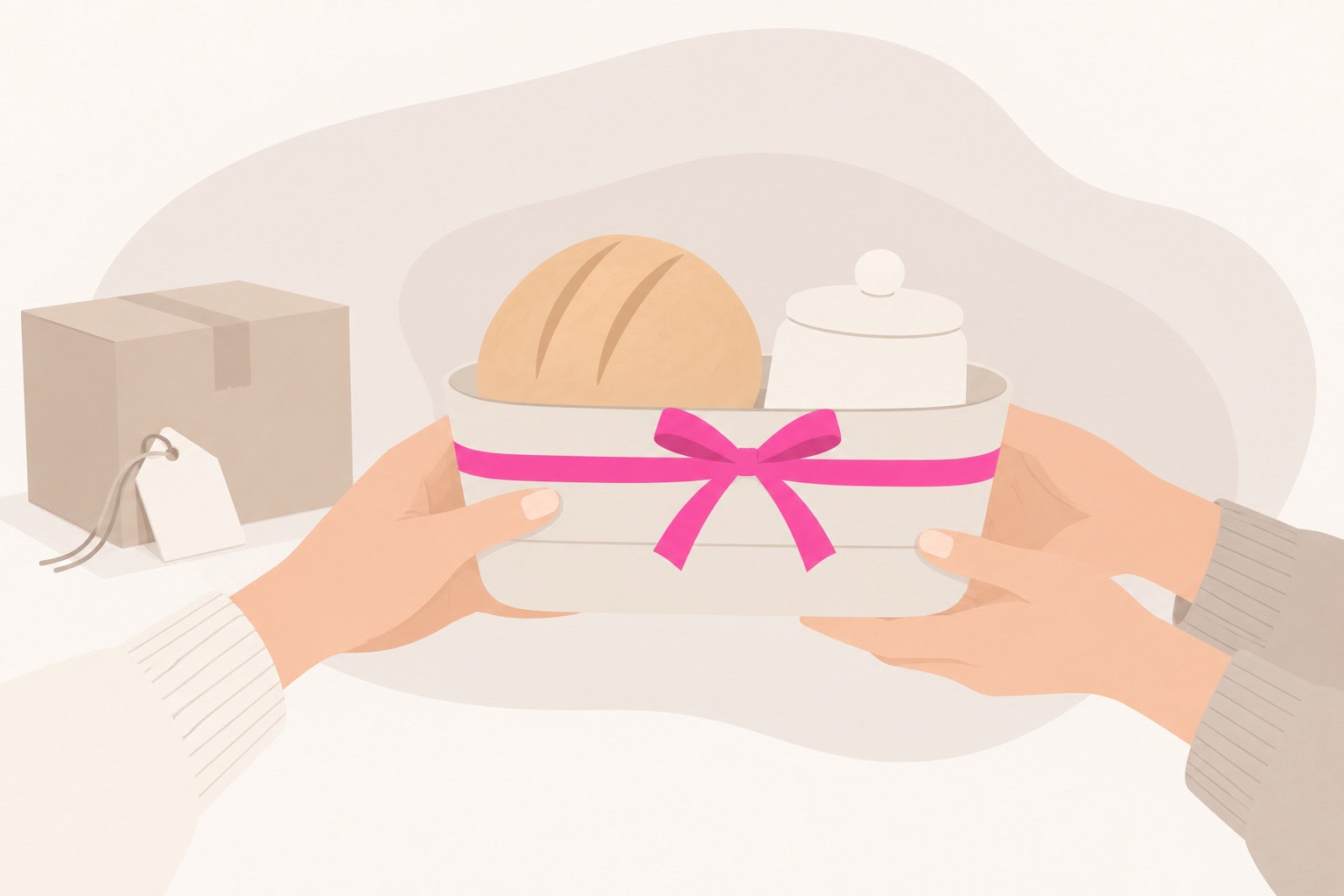 Illustration von Händen, die einen Korb mit Brot und Salz als Einzugsgeschenk überreichen.