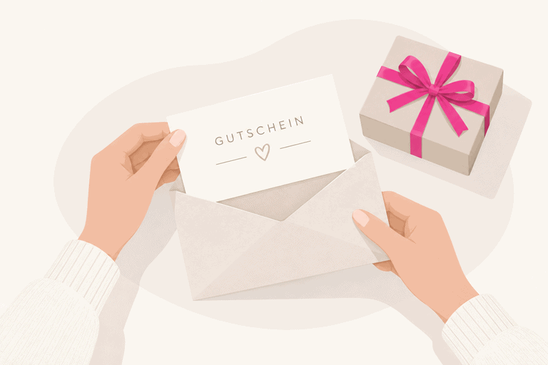 Illustration eines Gutscheins in einem Umschlag mit Geschenkbox