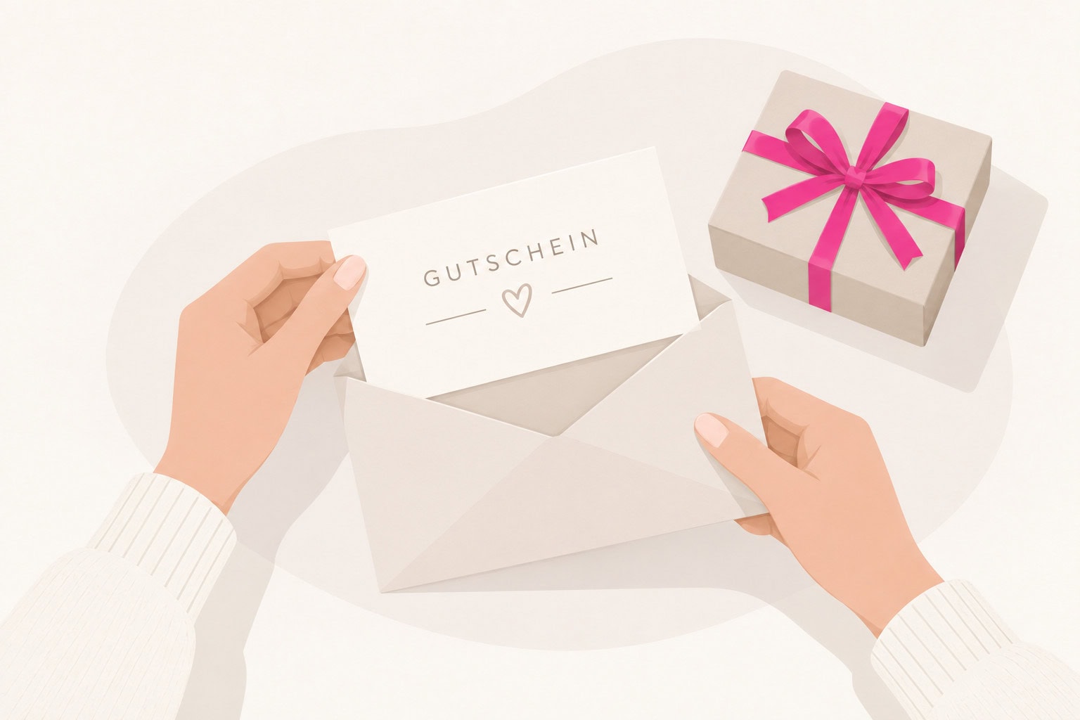 Illustration eines Gutscheins in einem Umschlag mit Geschenkbox