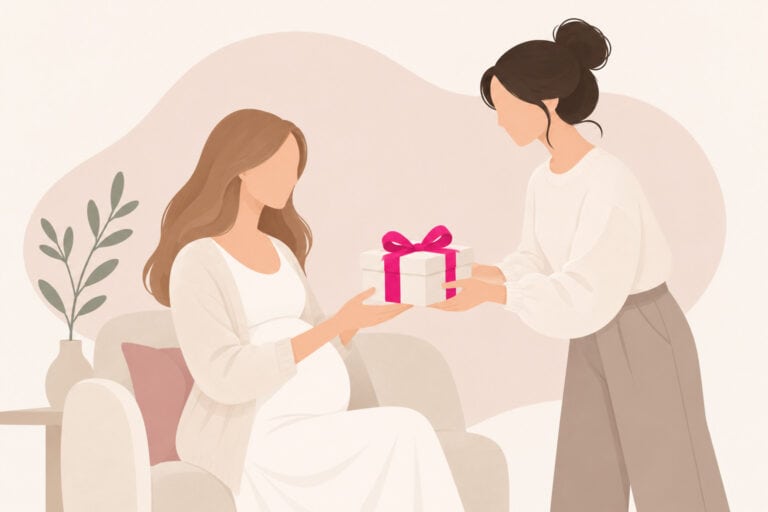 Illustration einer schwangeren Frau im weißen Kleid, die von ihrer Freundin ein Geschenk überreicht bekommt.
