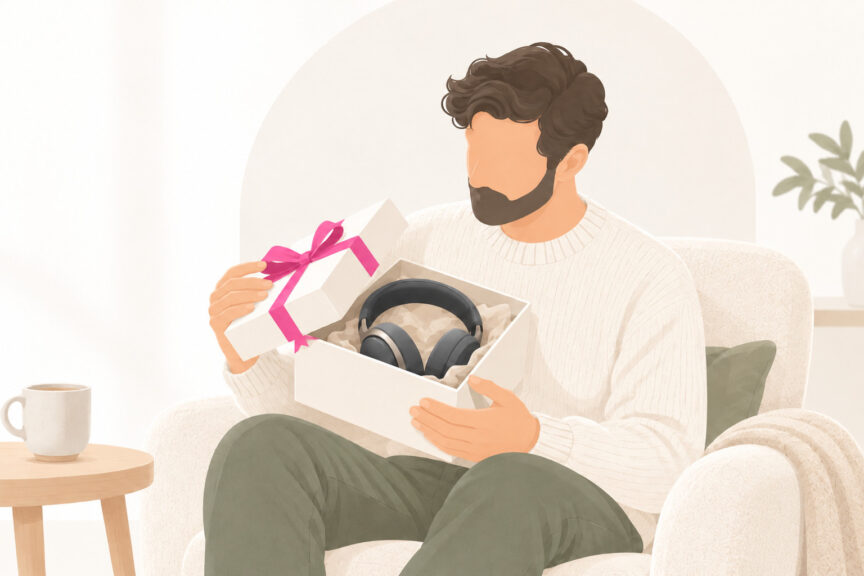 Illustration eines Mannes, der ein Geschenk mit kabellosen Kopfhörern auspackt – Technik-Geschenke für Männer.