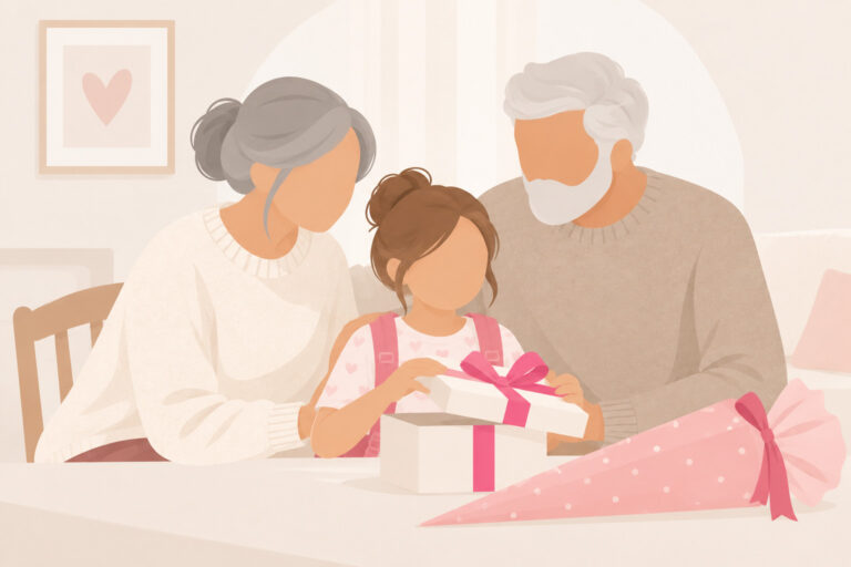 Oma und Opa überreichen ihrer Enkelin zur Einschulung ein Geschenk. Auf dem Tisch liegt eine Schultüte.