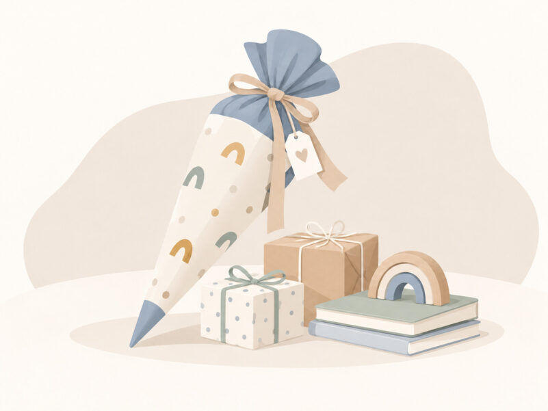 Geschlossene Schultüte mit kleinen Geschenken zur Einschulung in neutralen Beige- und Blautönen.
