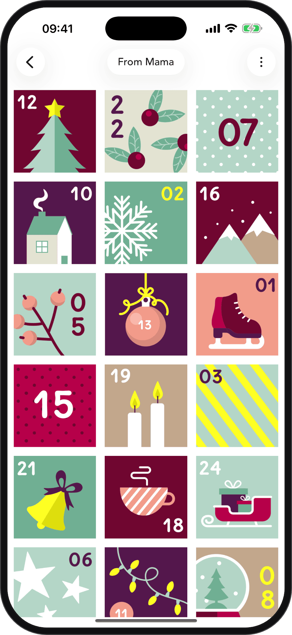 Advent App auf einem Smartphone mit 24 digitalen Adventskalender-Türchen