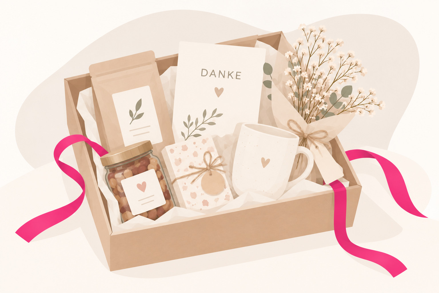 Dankeschön-Geschenkbox mit kleinen Leckereien, Tasse und persönlicher Dankeskarte