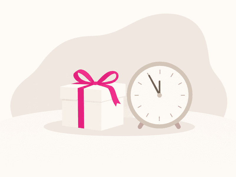 Minimalistische Illustration mit Geschenkbox in Weiß und fuchsiafarbener Schleife neben einer schlichten Uhr im nordisch-cleanen Stil