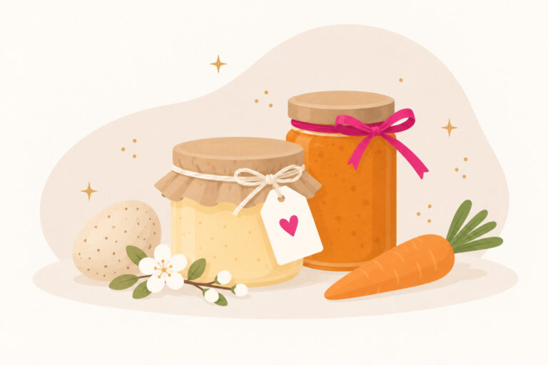 Illustration von zwei selbstgemachten Aufstrichen im Glas mit Osterei und Karotte als Ostergeschenke aus der Küche.